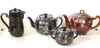 Lot Of 3 Antique English Brown Ceramic Teapots With Silver Overlay, And Sugar