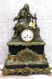 Japy Freres Antique Bronze French Clock With Writer Figurine & Elaborate Bronze Work On Base