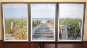 Three Framed Photos Of Beach Walk With Dunes And Ocean Backdrop.
