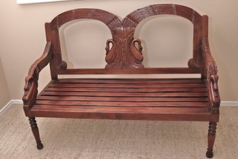 Vintage Carved Wood Bench With Swan Detailing