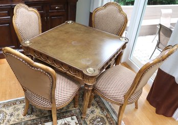 Ferguson Copeland Fancy Carved Wood Card Table And Chairs With Leather Top, French Louis The 16th Style W Flut