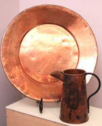 Extra-large Shiny Copper Platter With Iron Stand & Copper Pitcher