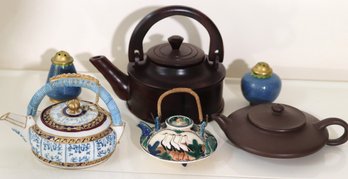 A Lot Of Miniature Teapots, Including Clay, Wood, And Hand Painted Japanese Clay