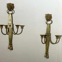 Pair Of Vintage Brass Dual Candle Wall Sconces With Lion Head And Tassel Accent
