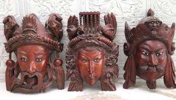 Group Of 3 Elaborately Carved Hardwood Asian Decorative Masks With Applied Eyes