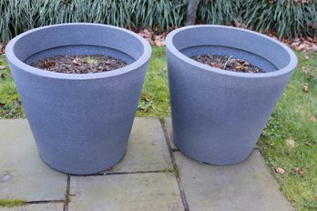 Pair Of Modern Quality Gray Plastic Outdoor Tapered Cylinder Planters Measuring Approximately 22.5 X 20 Inches