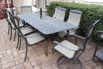 Ornate Wrought Aluminum Patio Set Including A Table, 8 Chairs By Beka, Serving Cart And Umbrella With Stand!