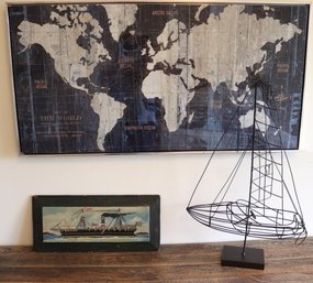 Nautical Decor Includes A Framed Map Of The World Print, Metal Wire Boat And Painted Ship On Board 1933