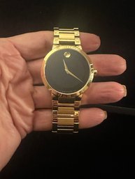 Movado Mens Museum Quartz Watch With Black Dial And Gold Tone Stainless Steel Case And Bracelet