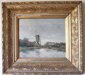 Landscape Oil Painting On Wood Of Dutch Scene With Windmill Signed.