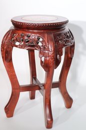 Highly Carved Asian Style Pedestal With Floral Detailing Throughout & A Pink Marble Insert