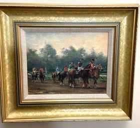 Vintage Style Horse And Jockey Vinyl Print In Frame Measures Approximately 15.5 W X 13.5 Tall.