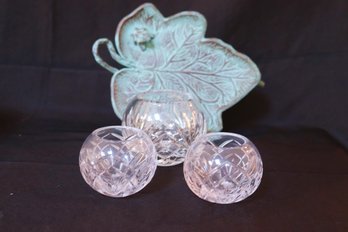 A Cut Crystal Bowl With 2 Smaller Bowls And Green Metal Leaf Dish With Frog