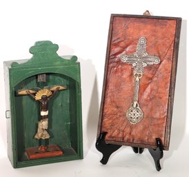 Vintage Ornate Metal Cross On Leather Board Includes A Handmade Vintage Wood Religious Box With Crucifix Di