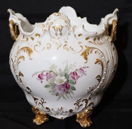 Antique T And V Limoges Porcelain Cachepot Porcelain Gold Trim Footed Jardiniere Planter Rococo