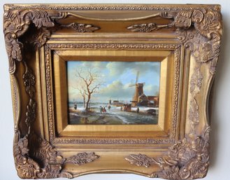 K. Bender Signed Oil On Board Skaters On Pond With Windmill.
