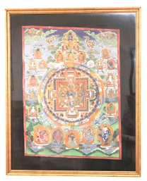 Beautiful Traditional Handmade/Painted Mandala Artwork In Frame With Deities In The Heavens & Exotic Patter