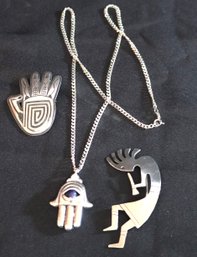 Sterling Jewelry Includes A Sterling Kokopelli Dancer Pin, Hamsa Hand Pendant On Chain And Pendant