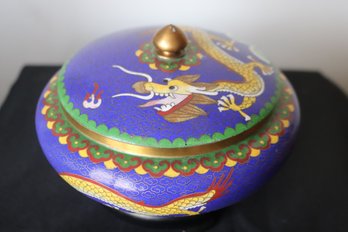 Antique Blue Cloisonne Enamel Lidded Bowl With Dragon And Black Stand.