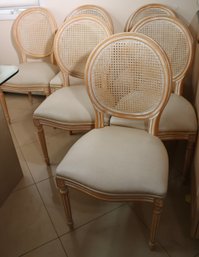 Set Of 6 Louis XVI Style Dining Chairs With Light Wood Whitewashed Frames And Caned Backs.