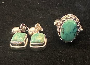 Sterling Silver Turquoise Ring Size 7.75 Plus Pair Of Turquoise Earrings Signed CA