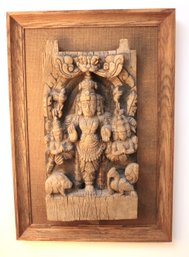 Vintage Hand Carved Wood Sculpture Of Indian God Mounted On A Wooden Frame