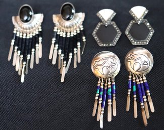 2 Pairs Of Sterling Earrings With Onyx, Dangle And Hexagonal Design, Includes A Pair Of Southwestern Style E