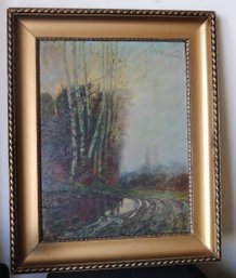 Oil Painting On Board Of European Forest Scene In Gold Frame. Signed
