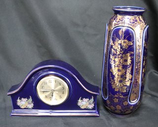 Japan Cobalt Blue And Gold Porcelain Vase And Quartz Clock In Cobalt Frame.