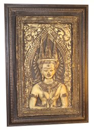 Vintage Hand Painted Embossed Artwork Of A Buddhist God In Prayer In Ornate Frame