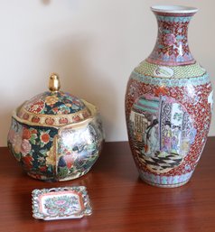 Vintage Hand Painted Chinese Vase, Including Biscuit Jar With Lid