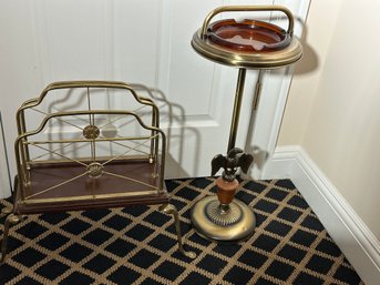 Vintage Pedestal Ashtray With Glass Insert, Eagle Accent And Handle Includes A Vintage Brass And Wood Magazine