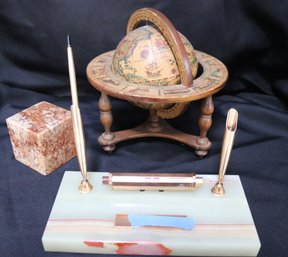 Onyx Pen And Calendar Desk Set, Marble Paperweight And Small Decorative Globe.