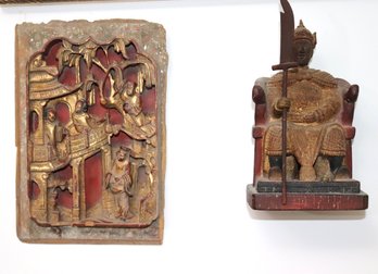 Vintage Carved Chinese Door Panel Piece & Carved Wood Guardian King For Buddha Sculpture
