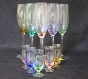 Lot Of 6 Colorful Tall Champagne Flutes And 5 Liquor Glasses