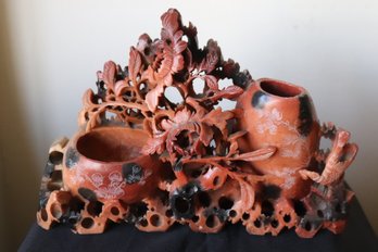 Antique Natural Persimmon Color Carved Soapstone Brush Pot.