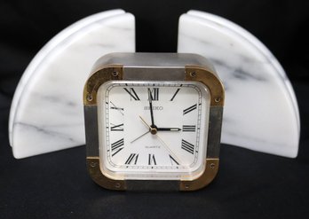 Modern Marble Bookends And Seiko Quartz Clock In Chrome And Brass