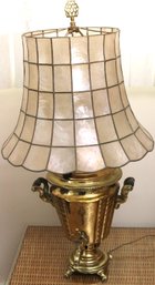 Antique Brass Samovar Converted To A Lamp With Capiz Shell Shade