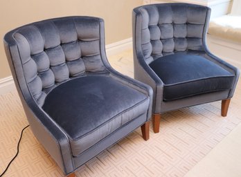 Pair Of Fine Pearson Custom Navy Mohair Fabric Accent Chairs With A Curved Tufted Back Filled With Water Fowl/