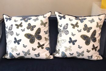 Pair Of Fine Quality Butterfly Accents Pillows With Velvet And Linen Fabric By HB