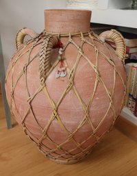Large Italian Design Ceramic Vase With Handles & Woven Accents