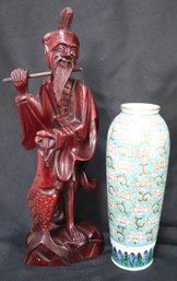 Gold Imari Hand Painted Vase And Carved Wooden Fisherman Figure.