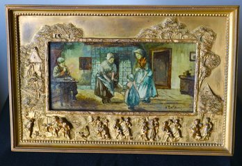 Antique French Bronze Frame With Hand Painted Porcelain Plaque Of Dutch Scene Signed Art