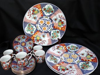 Set Of 5 Demitasse Cups And Saucers With 3 Painted Decorative Plates.