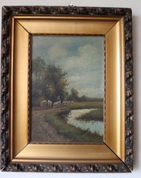 Oil Painting On Board With Sheep And Shepherd On Country Lane In Gold Frame.
