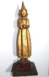 Hand Carved Wood Statue With Gold Painted Detail