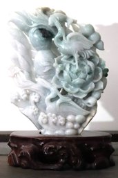Carved Grayish Green Jade Carved Sculpture With Cranes, Fish & Lotus Leaf Standing On Wooden Base