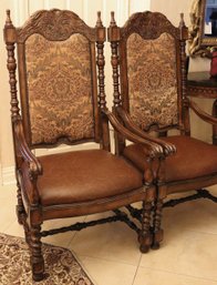 Pair Of Highly Carved Edwardian Style Regal Dining Chairs With Custom Linen Tapestry Fabric