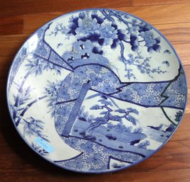 Large Hand Painted Blue & White Chinese Charger With Nature Scenes & Blue Circle Mark On Underside, With