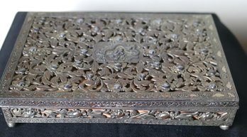 Antique Chinese Metal Box With Pierced Floral Design & Dragon.